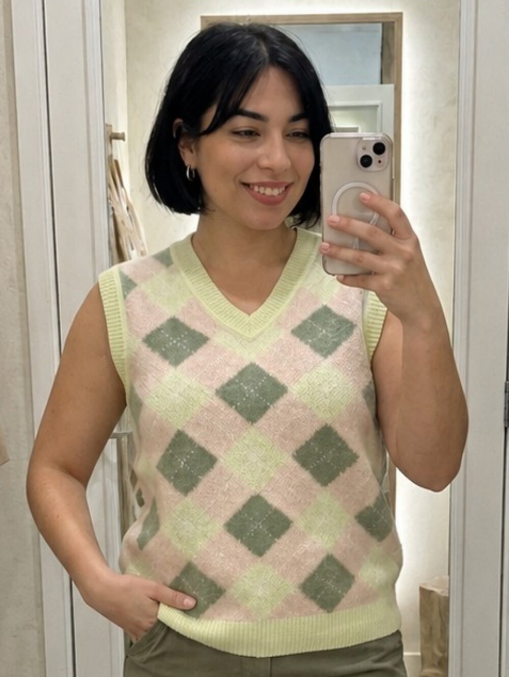 HYFYV Olive and Blush Argyle Sweater Tennis Vest